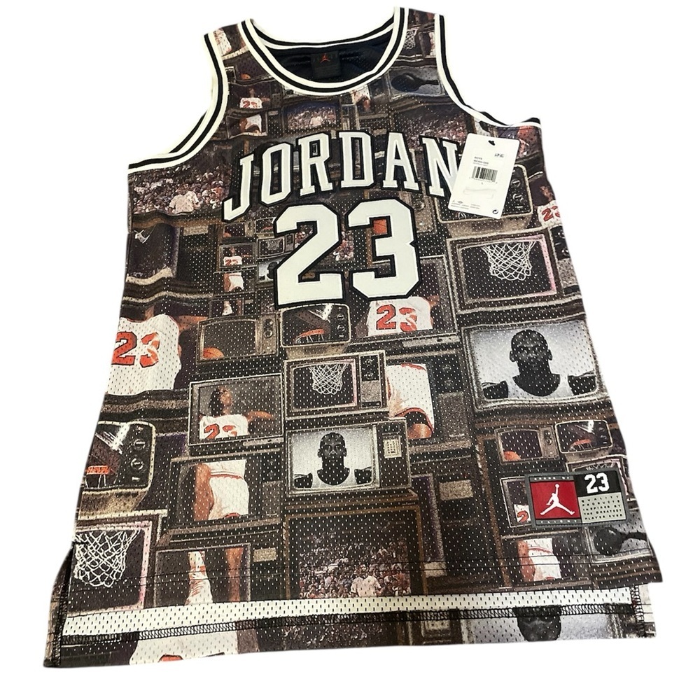 Jordan Big Kids' 23 Jersey in a black "all-over icon print".